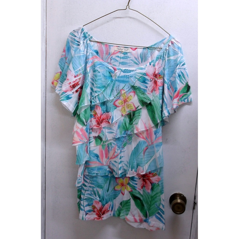 Indigo Soul Tropical Floral Ruffle Top Blue Pink Green Rhinestone BlouseXL/26816